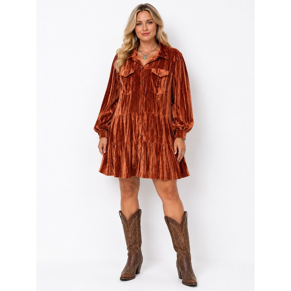 Cato Crushed Velvet Tiered Dress XL Rust Copper Long Sleeve Button Front Mini